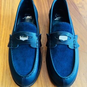 CHRISTIAN LOUBOUTIN - penny suede trimmed leather loafers for women